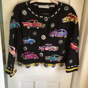 Vintage Michael Simon 1950s Cars Cardigan – L/XL, Bold & Playful, Embellished